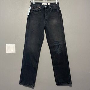 RE/DONE Originals Black High Rise Straight Loose Rigid Distressed Jeans Sz 24